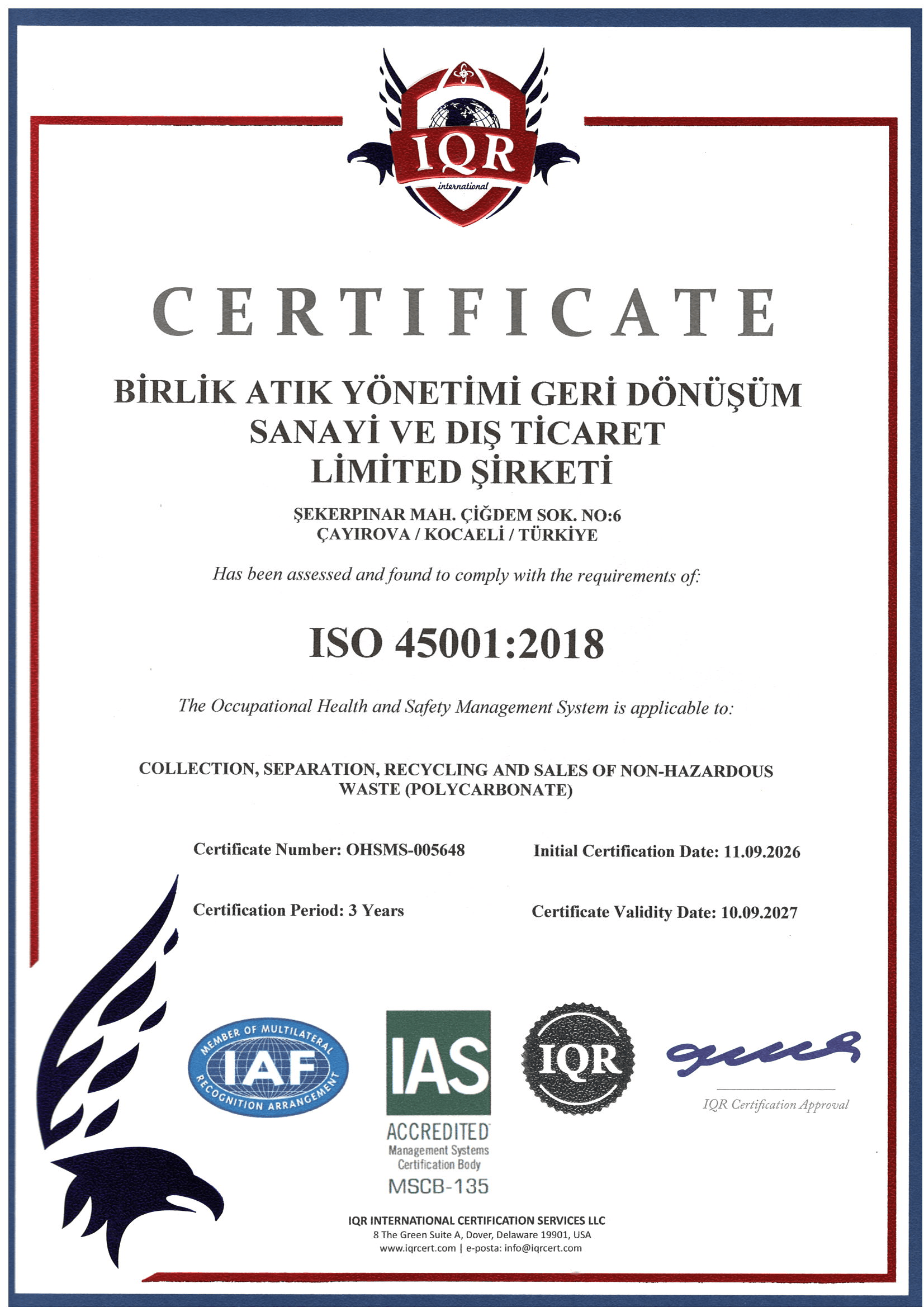 ISO 45001 Occupational Health and Safety certificate
